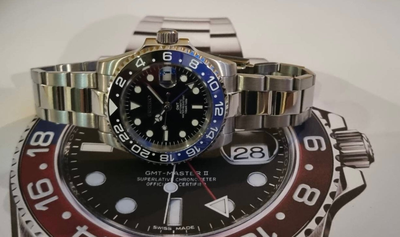 Seiko nh34a/4r34 gmt mod watch blue & black ceramic bezel Seiko nh34a/4r34 gmt mod watch blue & black ceramic bezel
