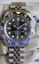 Load and play video in Gallery viewer, JP Black & blue ceramic bezel watch on a jubilee bracalet