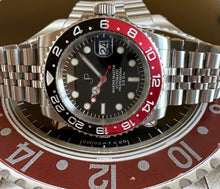 Load image into Gallery viewer, JP Black &amp; red bezel automatic watch on a jubilee bracelet
