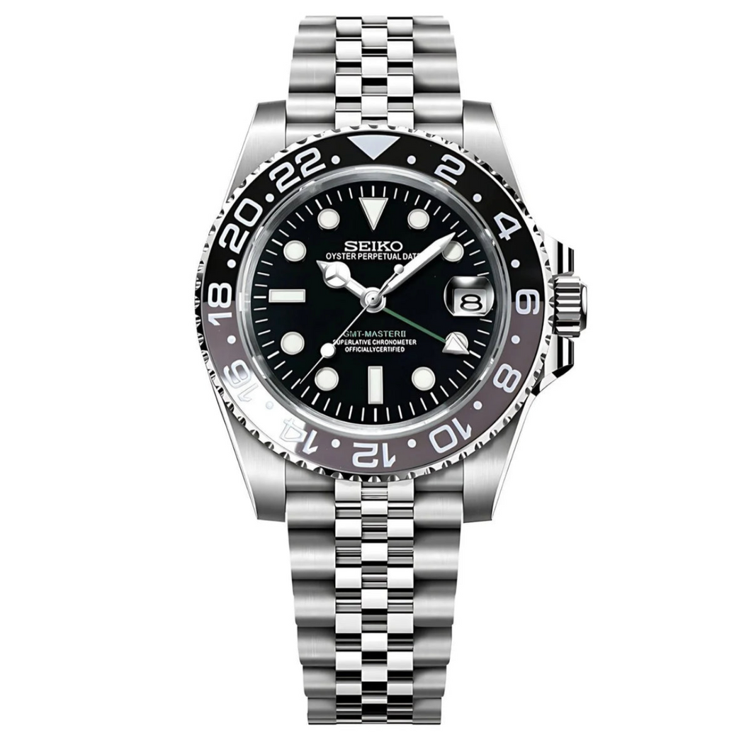 (Copy) Seiko mod Bruce Wayne - black & grey ceramic bezel (seiko 4r36 gmt movement)