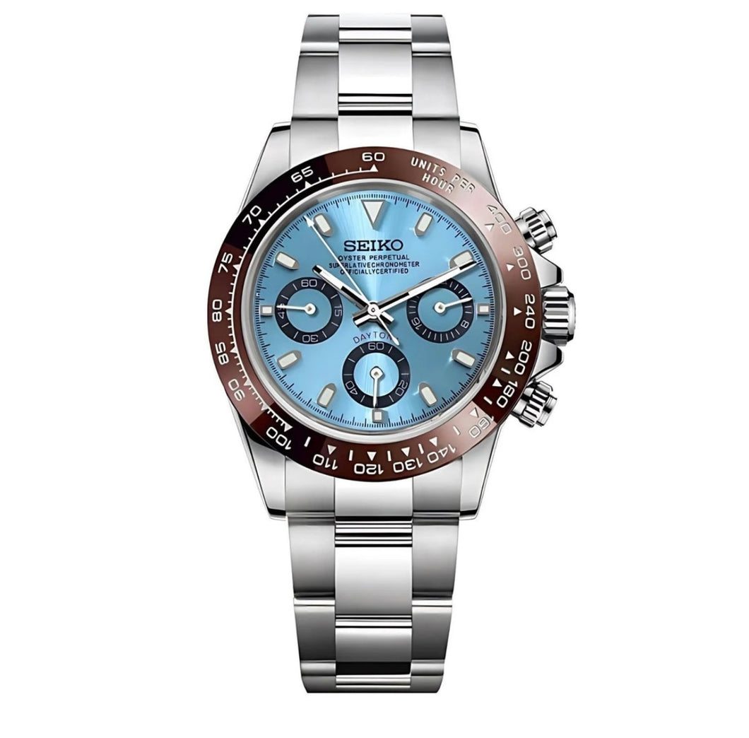 Chocholate ceramic seiko Panda daytona mod watch light blue dial