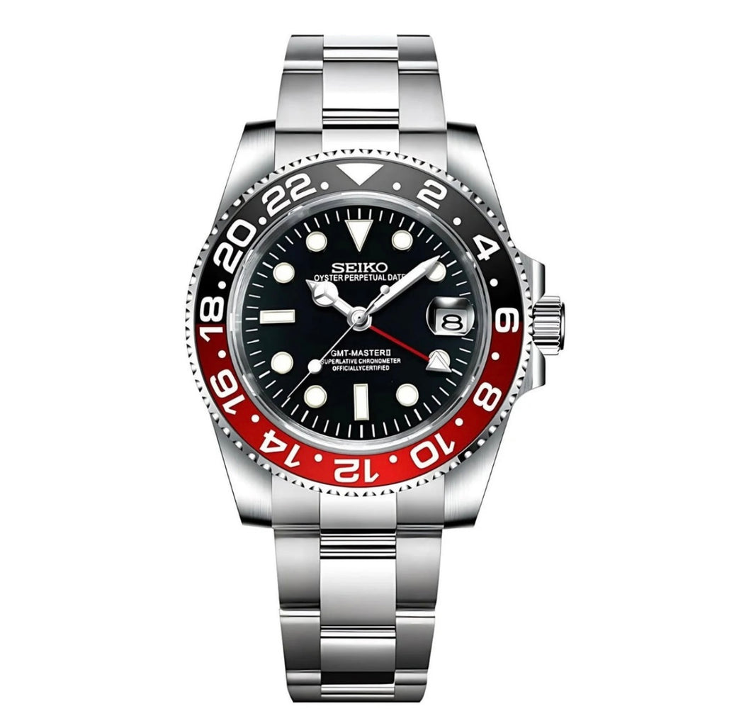 Seiko red & black GMT - seiko 4R36 GMT movement Matt & polished bracelet