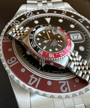 Load image into Gallery viewer, JP Black &amp; red bezel automatic watch on a jubilee bracelet
