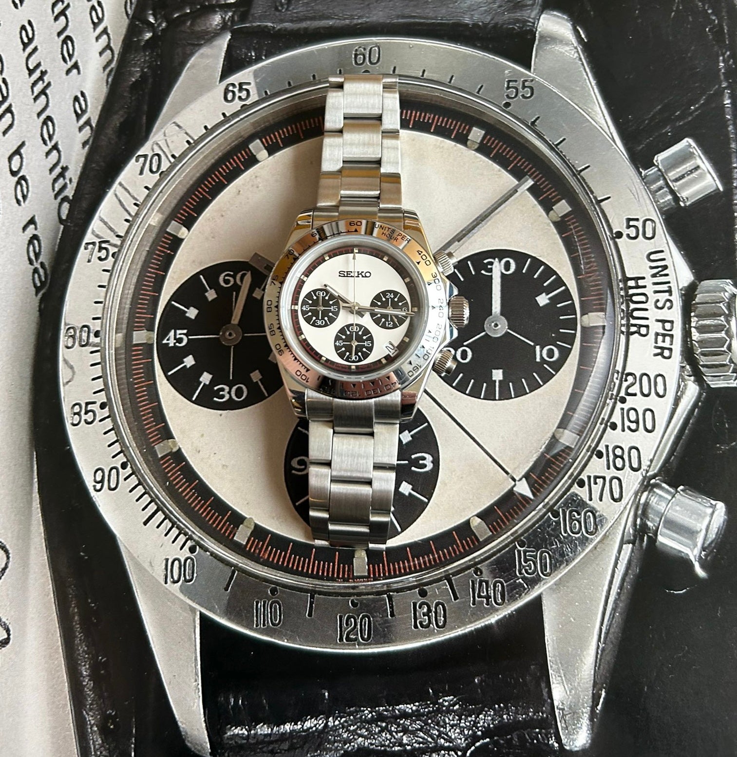 seiko vk63 steel Daytona case Newman dial, Matt oyster bracelet