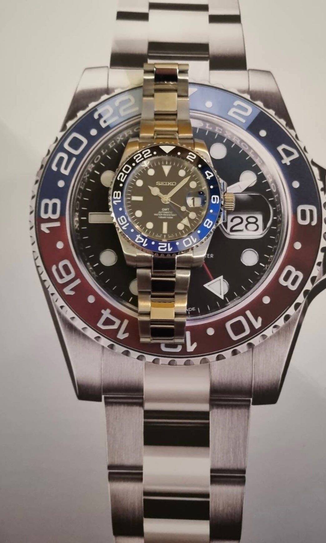 Seiko nh34a/4r34 gmt mod watch blue & black ceramic bezel