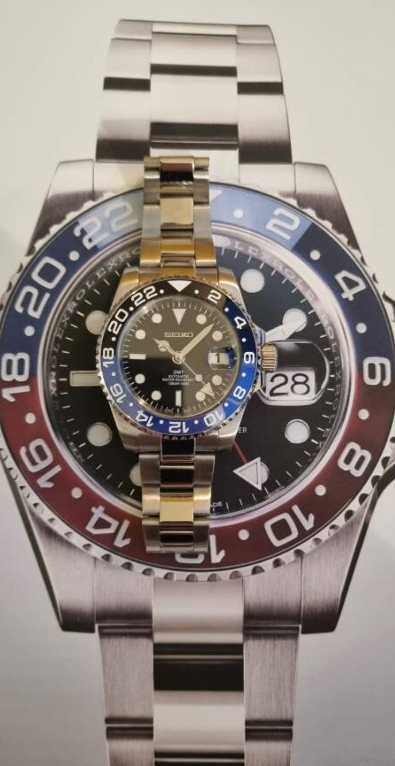 Seiko nh34a/4r34 gmt mod watch blue & black ceramic bezel Seiko nh34a/4r34 gmt mod watch blue & black ceramic bezel